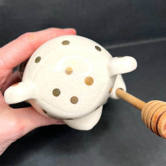 Anthropologie Dottie Honey Pot Ceramic Bear Jar With Gold Polka Dots Wood Spoon - Picture 4 of 9